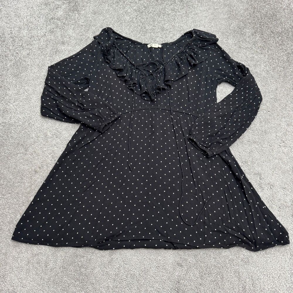 Billabong Polka Dot Ruffle Babydoll Dress Women Medium Black Long Sleeve Lace Up